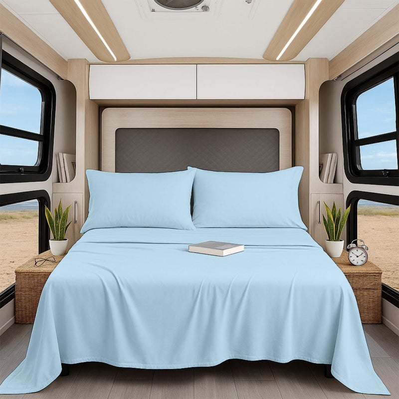 Shreem Linen Luxury 4 Piece Microfiber RV Sheet Set, Deep Pocket Fits Up to 10 inch, Soft, Wrinkle-Resistant, Camper, Travel Trailer Bedding, Bunk 42x80, Light Blue - Image 1